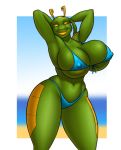  alien big_breasts bikini breasts camel_toe clothing eyes_closed female hands_behind_head huge_breasts kostos_art nipple_bulge smile solo standing swimsuit thick_thighs voluptuous wide_hips 