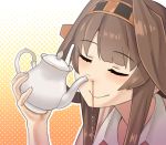  brown_hair closed_eyes commentary headband kantai_collection kongou_(kantai_collection) misumi_(niku-kyu) smile solo tea teapot you're_doing_it_wrong 