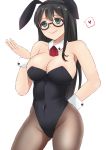  alternate_costume animal_ears ascot black_hair black_leotard breasts brown_legwear bunny_ears bunny_girl bunny_tail bunnysuit cleavage commentary_request detached_collar fake_animal_ears fishnet_pantyhose fishnets glasses green_eyes hairband heart highres kamikitayotsuba kantai_collection large_breasts leotard long_hair ooyodo_(kantai_collection) pantyhose red_neckwear simple_background solo spoken_heart strapless strapless_leotard tail white_background wrist_cuffs 