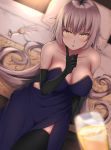  :o alcohol arm_support bangs bare_shoulders bed black_gloves black_legwear blurry blush breasts champagne champagne_flute cleavage collarbone commentary cup depth_of_field dress drinking_glass elbow_gloves eyebrows_visible_through_hair fate/grand_order fate_(series) finger_to_cheek from_above gloves hair_between_eyes hand_up highres indoors jeanne_d'arc_(alter)_(fate) jeanne_d'arc_(fate)_(all) large_breasts long_hair looking_at_viewer looking_up navy_blue_dress on_bed pillow pov primamiya shiny shiny_hair sidelocks silver_hair sitting sitting_on_bed solo strapless strapless_dress thighhighs tsurime v-shaped_eyebrows very_long_hair yellow_eyes 
