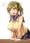  blush breasts brown_hair commentary eyebrows_visible_through_hair fang green_eyes hair_bobbles hair_ornament highres inuyama_aoi large_breasts long_hair mistynight open_mouth side_ponytail smile solo thick_eyebrows yurucamp 