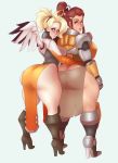  2girls armor ass blonde_hair blue_eyes brigitte_lindholm brown_eyes brown_hair eyebrows lips long_hair matching_hair/eyes mercy_(overwatch) multiple_girls overwatch ponytail simple_background sunnysundown tied_hair 