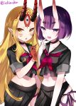  :d :o black_choker black_sailor_collar black_serafuku black_skirt blonde_hair blush choker collarbone commentary_request cosplay earrings eyebrows_visible_through_hair facial_mark fang fangs fate/grand_order fate_(series) fingernails forehead_mark ibaraki_douji_(fate/grand_order) ichiyou_moka jewelry long_fingernails long_hair looking_at_viewer minamoto_no_raikou_(fate/grand_order) minamoto_no_raikou_(swimsuit_lancer)_(fate) minamoto_no_raikou_(swimsuit_lancer)_(fate)_(cosplay) multiple_girls navel neckerchief oni oni_horns open_mouth panties pelvic_curtain pleated_skirt pointy_ears purple_eyes purple_hair purple_ribbon red_neckwear red_skin ribbon sailor_collar school_uniform serafuku short_hair short_sleeves shuten_douji_(fate/grand_order) side-tie_panties simple_background skirt smile standing thick_eyebrows tsurime twitter_username underwear very_long_hair white_background yellow_eyes 