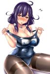  adjusting_clothes adjusting_swimsuit ahoge alternate_costume animal_print black_legwear blue_swimsuit blush breasts commentary covered_navel fish_print hair_flaps heart heart-shaped_pupils highres kantai_collection large_breasts long_hair looking_at_viewer low_twintails magatama name_tag one-piece_swimsuit open_mouth pantyhose pantyhose_under_swimsuit purple_hair red_eyes school_swimsuit simple_background solo swimsuit symbol-shaped_pupils taigei_(kantai_collection) terakoya thighband_pantyhose twintails whale whale_print white_background 