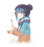  :&lt; bangs beanie blue_hair blush bowl from_side hat holding holding_spoon jacket long_sleeves looking_at_viewer poco_(asahi_age) pom_pom_(clothes) purple_eyes scarf shima_rin short_hair simple_background solo sparkle spoon striped striped_scarf upper_body white_background winter_clothes yurucamp 