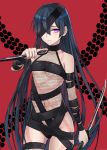  bad_id bad_pixiv_id bangs bare_shoulders black_hair black_ribbon closed_mouth commentary_request dual_wielding eyebrows_visible_through_hair fate/grand_order fate_(series) fishnets hair_over_one_eye highres holding holding_sword holding_weapon katana kunai long_hair looking_at_viewer mochizuki_chiyome_(fate/grand_order) navel purple_eyes red_background revealing_clothes ribbon solo sword very_long_hair weapon yukihama 