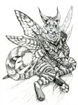  2017 animal_genitalia anthro balls black_and_white claws feline fully_sheathed fur hibbary hybrid insect_wings male mammal monochrome nude pawpads pencil_(artwork) sheath solo stripes tiger toe_claws traditional_media_(artwork) wings 