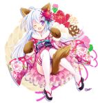  ;d ahoge alternate_costume animal_ears blue_hair floral_print flower full_body furisode hair_flower hair_ornament japanese_clothes kimono long_hair looking_at_viewer nonno official_art one_eye_closed open_mouth paw_mittens purple_eyes smile solo tail tail_censor thighhighs tokinon white_legwear x-overd 