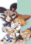  :d :o absurdres african_wild_dog_(kemono_friends) african_wild_dog_print animal_ears black-backed_jackal_(kemono_friends) black_eyes black_hair black_neckwear bow bowtie brown_hair closed_eyes dog_ears extra_ears eyebrows_visible_through_hair grey_hair highres hug jackal_ears jackal_tail kemono_friends multicolored_hair multiple_girls open_mouth print_legwear short_hair simple_background skirt smile teranekosu 