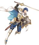  armor armored_boots bangs belt blue_eyes blue_hair boots breastplate cape falchion_(fire_emblem) faulds fire_emblem fire_emblem:_kakusei fire_emblem_heroes full_body gauntlets highres holding holding_sword holding_weapon krom long_sleeves looking_away male_focus official_art open_mouth pant pants pelvic_curtain serious sheath shield short_hair shoulder_armor shoulder_pads solo sword transparent_background weapon white_cape yamada_koutarou 