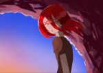  1other androgynous blurry blurry_background cave colored_eyelashes gem_uniform_(houseki_no_kuni) hair_between_eyes highres houseki_no_kuni long_bangs looking_at_viewer looking_back red_eyes red_hair shinsha_(houseki_no_kuni) short_hair solo sone_(sazikiri0302) upper_body white_skin worried 