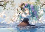  blue_eyes bug butterfly detached_sleeves flower fre green_hair hatsune_miku insect long_hair outdoors partially_submerged solo tree twintails umbrella very_long_hair vocaloid wading water 