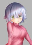  absurdres alternate_costume bad_id bad_pixiv_id eyebrows_visible_through_hair fate/apocrypha fate/grand_order fate_(series) green_eyes highres jack_the_ripper_(fate/apocrypha) looking_at_viewer misakisanakichi pink_sweater scar solo sweater white_hair 