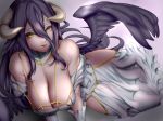  albedo black_hair black_wings breasts cleavage commentary_request demon_girl demon_horns demon_wings detached_collar dress feathered_wings frilled_dress frills gloves hair_between_eyes highres hip_vent horns kumiko_shiba large_breasts long_hair looking_at_viewer low_wings lying on_side overlord_(maruyama) slit_pupils solo white_dress white_gloves wings yellow_eyes 