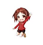  :d arm_up bangs black_shorts blush boots brown_footwear brown_hair chibi eyebrows_visible_through_hair hair_ornament highres jacket kuena long_sleeves looking_at_viewer mizukoshi_mio open_mouth over-kneehighs parted_bangs red_eyes red_jacket ryuuou_no_oshigoto! short_hair short_shorts shorts simple_background smile solo thighhighs white_background white_legwear x_hair_ornament zipper_pull_tab 