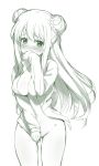  azur_lane blush breasts covering covering_crotch cygnet_(azur_lane) double_bun greyscale long_hair long_sleeves medium_breasts monochrome naked_shirt no_bra no_panties nose_blush piano-alice pussy_juice shirt sketch solo 