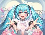  39 :d ahoge aqua_eyes aqua_hair blurry bridal_gauntlets depth_of_field flower hatsune_miku hatsune_miku_(append) heart highres long_hair looking_at_viewer moonandmist open_mouth outstretched_arms petals smile solo twintails upper_body vocaloid vocaloid_append 