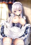  apron asymmetrical_bangs azur_lane bangs belfast_(azur_lane) blue_eyes blush breasts breasts_outside closed_mouth commentary_request cowboy_shot curtains day eyebrows_visible_through_hair frills garter_straps half_updo highres indoors large_breasts long_hair looking_at_viewer maid maid_headdress nipples panties silver_hair skirt skirt_lift smile solo standing swept_bangs taiki_ken thighhighs thighs tsurime underwear waist_apron white_legwear white_panties window 