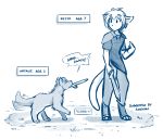  2018 aged_down anthro basitin canine clothed clothing cub cute digitigrade duo female feral feralized growling hi_res holding_object keidran keith_keiser male mammal monochrome natani object_in_mouth pointing_at_self simple_background sketch tailwag tom_fischbach twokinds webcomic white_background wolf wooden_sword young 