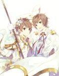  animal_ears arm_around_shoulder brown_eyes brown_hair bunny_ears cosplay dual_persona fake_animal_ears flower gran_(granblue_fantasy) granblue_fantasy hair_flower hair_ornament kazato_yuiri knights_of_glory looking_at_viewer male_focus multiple_boys red_ribbon ribbon sage_(granblue_fantasy) smile staff the_glory the_glory_(cosplay) 