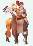  2girls armor ass blonde_hair blue_eyes brigitte_lindholm brown_eyes brown_hair eyebrows lips long_hair matching_hair/eyes mercy_(overwatch) multiple_girls overwatch ponytail simple_background sunnysundown tied_hair 