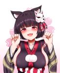  :d absurdres animal_ears azur_lane bangs black_hair black_kimono blunt_bangs blush breasts cat_ears eyebrows_visible_through_hair fang fox_mask highres japanese_clothes kimono kouhaku_nawa large_breasts looking_at_viewer mapar mask mask_on_head open_mouth paw_pose pom_pom_(clothes) red_eyes rope short_hair sideboob smile solo upper_body yamashiro_(azur_lane) 