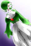  1girl breasts collarbone dutch_angle female gardevoir gradient gradient_background green_hair hair_over_one_eye large_breasts looking_at_viewer no_humans no_pussy open_mouth pokemon pokemon_(creature) pokemon_rse purple_background red_eyes short_hair simple_background smile solo standing sya_(sya_furry) 