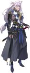  antenna_hair armor black_legwear full_body highres japanese_armor japanese_clothes katana kiwame_(touken_ranbu) kote lavender_hair long_hair low-tied_long_hair male_focus namaniku_atk official_art pom_pom_(clothes) red_eyes sengo_muramasa_(touken_ranbu) sheath sheathed shoulder_armor side_slit smile sode sword thighhighs touken_ranbu transparent_background weapon 