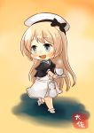  :d artist_name blonde_hair blue_eyes blue_sailor_collar chibi commentary_request cup dress gloves hat highres holding jervis_(kantai_collection) kantai_collection long_hair open_mouth sailor_collar sailor_dress short_sleeves smile solo taisa_(kari) teacup white_gloves white_hat 