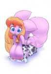  2018 all_fours anthro areola armwear big_breasts big_ears blue_eyes boots breasts clothed clothing cowbell digital_media_(artwork) elbow_gloves feline female fluffy fluffy_tail footwear fur gloves hair huge_breasts lactating legwear long_hair looking_at_breasts mammal milk nipples open_mouth orange_hair pink_fur pink_nipples sagging_breasts simple_background solo spotted_clothing thefuckingdevil thigh_high_boots thong toony topless 