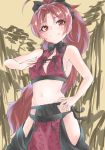  absurdres ahoge alternate_costume bare_shoulders black_ribbon blush breasts eyebrows_visible_through_hair hair_ribbon hand_on_hip highres hip_vent long_hair mahou_shoujo_madoka_magica medium_breasts navel pink_hair ponytail red_eyes ribbon sakura_kyouko shignonpencil sideboob smile solo tan_background thighs 