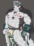  anthro belt blush body_writing bulge canine clothing croiyan headband kemono loincloth male mammal muscular muscular_male open_jacket pecs solo standing tokyo_afterschool_summoners 