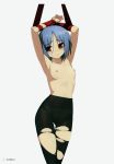  absurdres armpits arms_up ayane_ichijou bdsm blue_hair blush bondage bound crotch_seam flat_chest highres namaniku_atk nipples non-web_source panties panties_under_pantyhose pantyhose parted_lips red_eyes short_hair skindentation solo soukou_akki_muramasa thigh_gap topless torn_clothes torn_legwear underwear underwear_only 