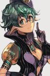  bangs black_gloves bra breasts choker cleavage closed_mouth curly_hair frilled_gloves frills gem glasses gloves green_eyes green_hair hair_between_eyes hand_on_hip hankuri hat jacket jewelry open_clothes open_jacket pointing pointing_up pointy_ears saika_(xenoblade) short_hair small_breasts smile solo striped top_hat underwear upper_body vertical-striped_jacket vertical_stripes white_background xenoblade_(series) xenoblade_2 