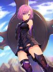  arm_behind_back armor armored_dress black_gloves black_panties blurry blurry_background breasts cloud cloudy_sky cowboy_shot day elbow_gloves eyebrows_visible_through_hair fate/grand_order fate_(series) gloves hair_over_one_eye hand_on_own_chest highres lee_seok_ho leg_armor light_particles looking_at_viewer mash_kyrielight medium_breasts outdoors panties pantyshot purple_eyes purple_hair shield short_hair signature sky solo standing thigh_strap underwear 