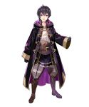  bangs belt black_hair boots brown_footwear buttons clenched_hand collarbone detached_sleeves eyebrows_visible_through_hair fire_emblem fire_emblem:_kakusei fire_emblem_heroes full_body gloves highres hood hood_down knee_boots long_coat long_sleeves looking_at_viewer male_focus mark_(fire_emblem) mark_(male)_(fire_emblem) official_art open_mouth pants puffy_pants purple_eyes short_hair solo tobi_(kotetsu) transparent_background 