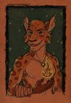  amaryllex anthro claws clothed clothing dungeons_&amp;_dragons ear_piercing feline fireball front_view grin half-length_portrait jewelry magic male mammal mostly_nude necklace pendant piercing portrait simple_background smile solo tabaxi teeth textured_background topless wraps wrist_wraps 