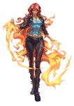  boots buckle chain cropped_jacket fiery_hair fire highres jacket leather leather_jacket long_hair multicolored_hair my_little_pony my_little_pony_equestria_girls pants red_hair smile solo sunset_shimmer very_long_hair zhen_long 