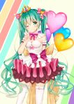  balloon bow green_eyes green_hair hair_bow hatsune_miku highres long_hair looking_at_viewer nail_polish one_eye_closed skirt solo thighhighs thirdo twintails v very_long_hair vocaloid white_legwear 