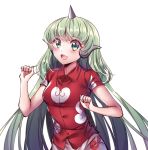  :d buttons cloud_print collared_shirt eyebrows_visible_through_hair eyes_visible_through_hair fang gem_oblivion green_eyes green_hair highres horn kariyushi_shirt komano_aun long_hair looking_at_viewer open_mouth paw_pose red_shirt shirt short_sleeves simple_background smile solo touhou upper_body very_long_hair white_background 