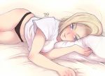  android_18 antiheld artist_name bed black_panties blonde_hair blue_eyes commentary covered_nipples dragon_ball dragon_ball_z highres looking_at_viewer lying on_side panties pillow revision shirt simple_background solo underwear white_shirt 
