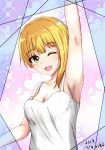  arm_up armpits asymmetrical_hair bangs blonde_hair blush breasts camisole cleavage collarbone commentary_request dated eyebrows_visible_through_hair green_eyes h2_(h20000000) heart idolmaster idolmaster_cinderella_girls looking_at_viewer medium_breasts miyamoto_frederica one_eye_closed short_hair smile sparkle white_camisole 