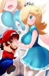  1girl blonde_hair blue_dress blue_eyes blush breast_grab breasts cabbie_hat closed_eyes commentary_request crown dress facial_hair gloves grabbing groping hair_over_one_eye hat large_breasts mario mario_(series) mario_tennis mushi_gyouza mustache pantyhose pushing_away rosetta_(mario) sleeveless sleeveless_dress super_mario_bros. super_mario_galaxy 