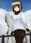  akemiho_tabi_nikki black_hair day down_jacket fukube_tamaki gloves hat highres jacket kouno_hikaru looking_at_viewer outdoors red_eyes scarf short_hair smile snow solo walking water waterfall 