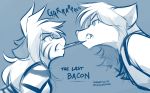  2017 angry anthro bacon blue_background canine casual_nudity clenched_teeth clothed clothing duo ears_back face_to_face feline female fight flora_(twokinds) food food_in_mouth fur growling hi_res keidran mammal monochrome natani nude object_in_mouth sharp_teeth simple_background sketch striped_fur stripes teeth tiger tom_fischbach tug_of_war twokinds webcomic wolf 