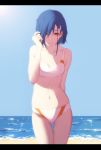  :d absurdres ass_visible_through_thighs beach bikini blonde_hair blue_sky breasts collarbone darling_in_the_franxx day eyelashes green_eyes half-closed_eyes hand_in_hair highres ichigo_(darling_in_the_franxx) navel ocean open_mouth outdoors short_hair sky small_breasts smile standing swimsuit teeth white_bikini yurix 