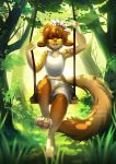  2018 4_toes 5_fingers anthro barefoot brown_hair brown_nose clothed clothing digital_media_(artwork) digitigrade eyelashes eyes_closed female forest hair mammal nitricacid sitting solo swing toes tree 