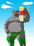  anthro bear blonde_hair boots bulge clothed clothing daigo_kumano duo footwear greenendorf hair human male mammal musclegut muscular muscular_male navel nipples overweight overweight_male shiba-kenta topless wrestling_briefs 