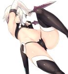  armpits bandaged_arm bandages black_legwear black_panties breasts dual_wielding eyebrows_visible_through_hair fate/apocrypha fate_(series) gloves grey_hair guwatefu holding holding_knife jack_the_ripper_(fate/apocrypha) knife looking_at_viewer navel panties short_hair simple_background small_breasts solo tattoo thighhighs underwear white_background yellow_eyes 