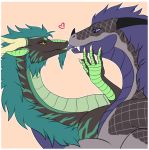  &lt;3 ambiguous_gender blue_hair darris dragon duo eastern_dragon green_hair hair hug kissing looking_at_another noodle_(herpderplol) scalie side_view silvergrin tongue tongue_out western_dragon yellow_eyes 